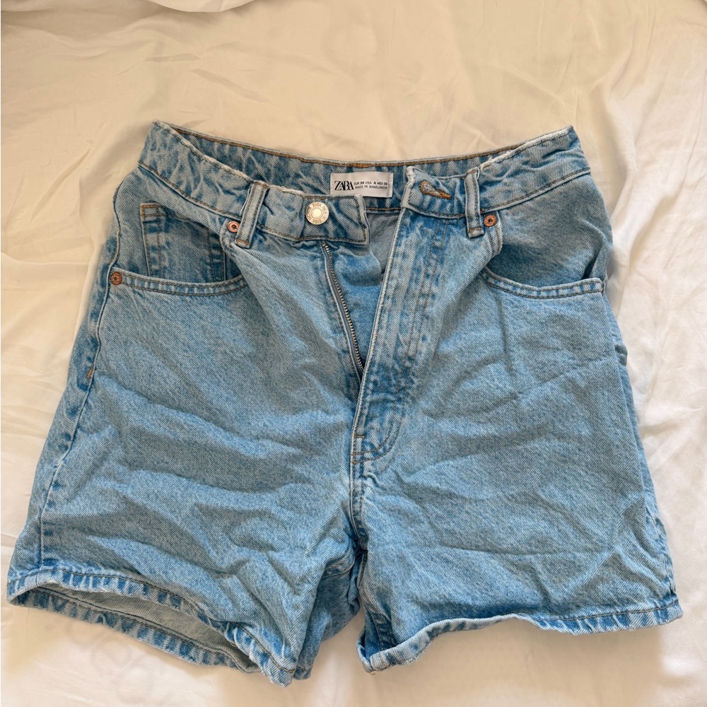 Zara Light Blue High-Rise Denim Shorts with Front Pockets